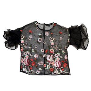 Haute Monde Women's Blouse Sz M Black Floral Embroidered Sheer Mesh Hippie Boho
